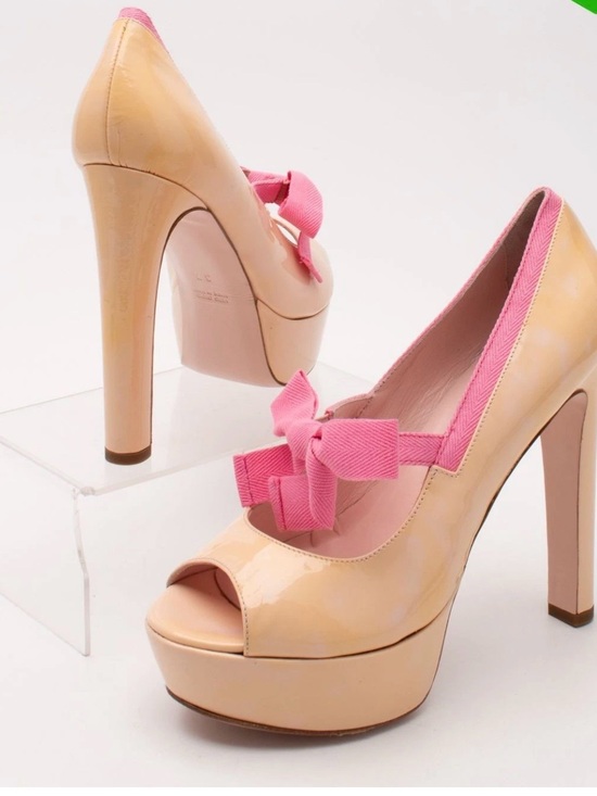 RED Valentino Shoes - RED Valentino Nude Patent Peep-Toe Platform Pumps with Pink Bow Trim